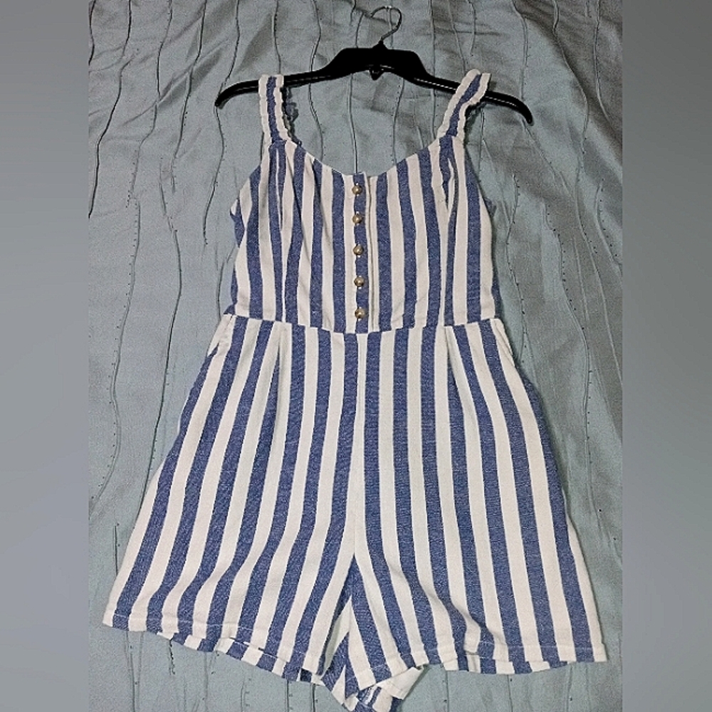Hollister Blue White Striped Romper Pockets Medium Buttons One Piece women's